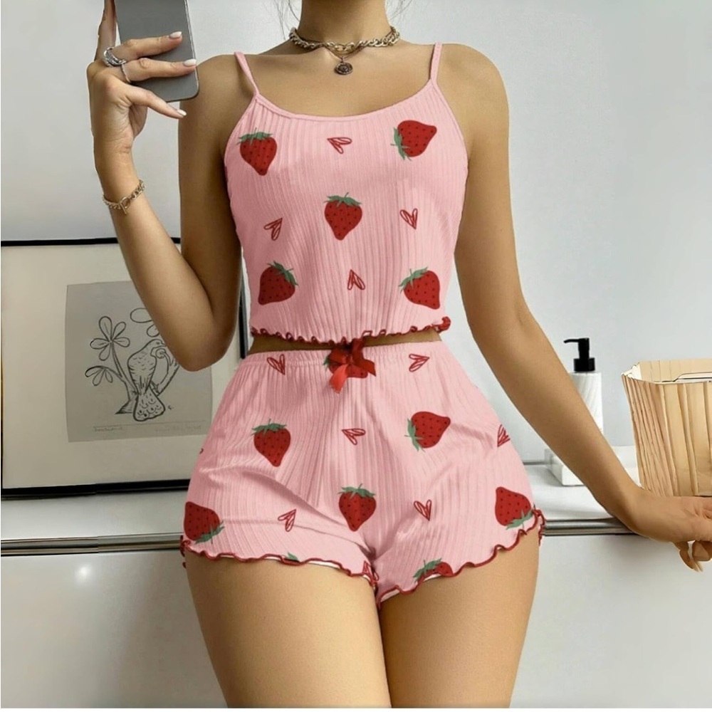 Women’s Pink Strawberry Graphic Ribbed Knit Cami & Shorts Pajama Set S
